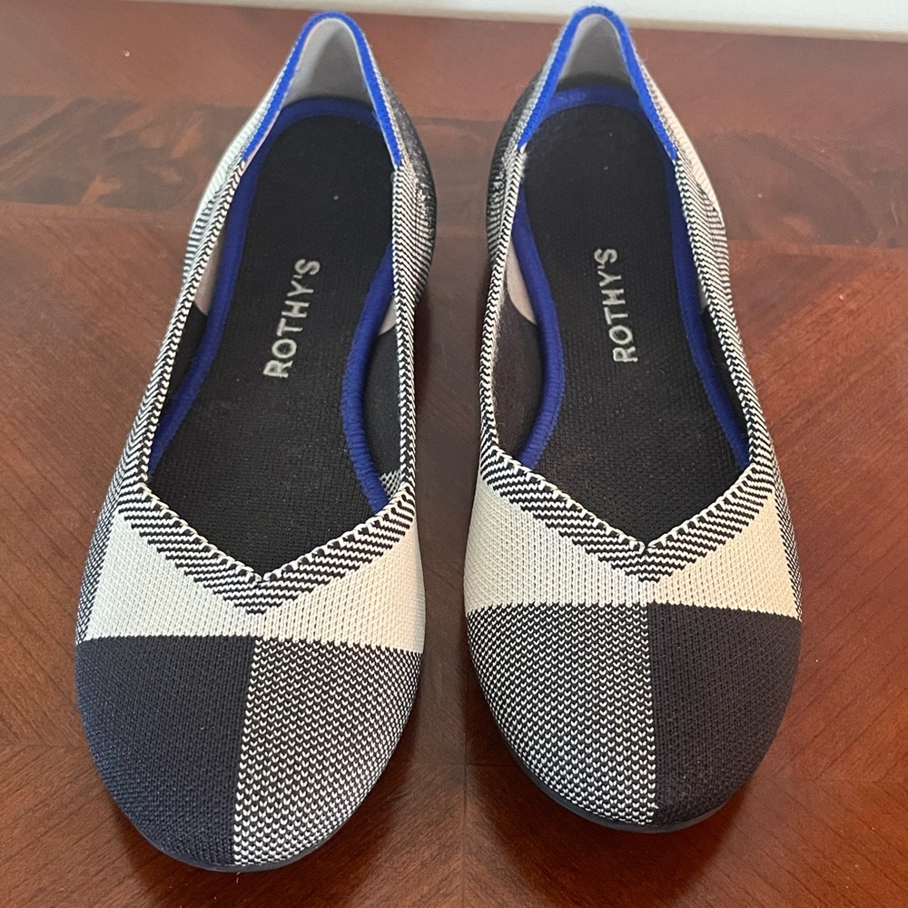 Rothys Captoe Gray Ballet Flats 8.5 Round Toe Shoes Black White Vegan Recycled